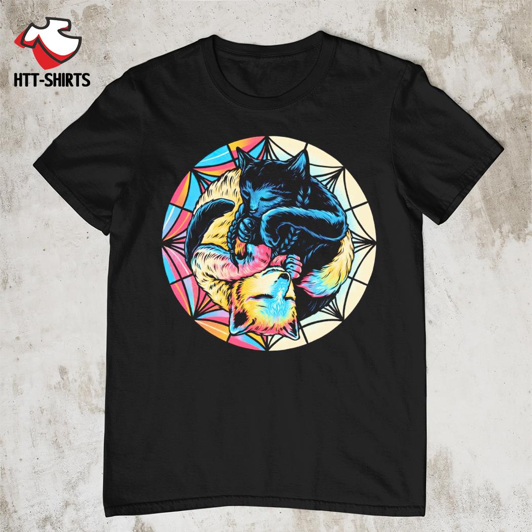 Black cat and colorful wolf shirt